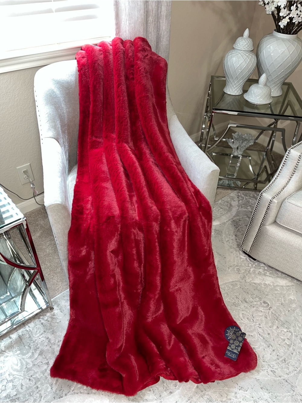 1-RACHEL ROY NWT NIGHT RUBY RED RABBIT FAUX FUR LUXURY THROW BLANKET